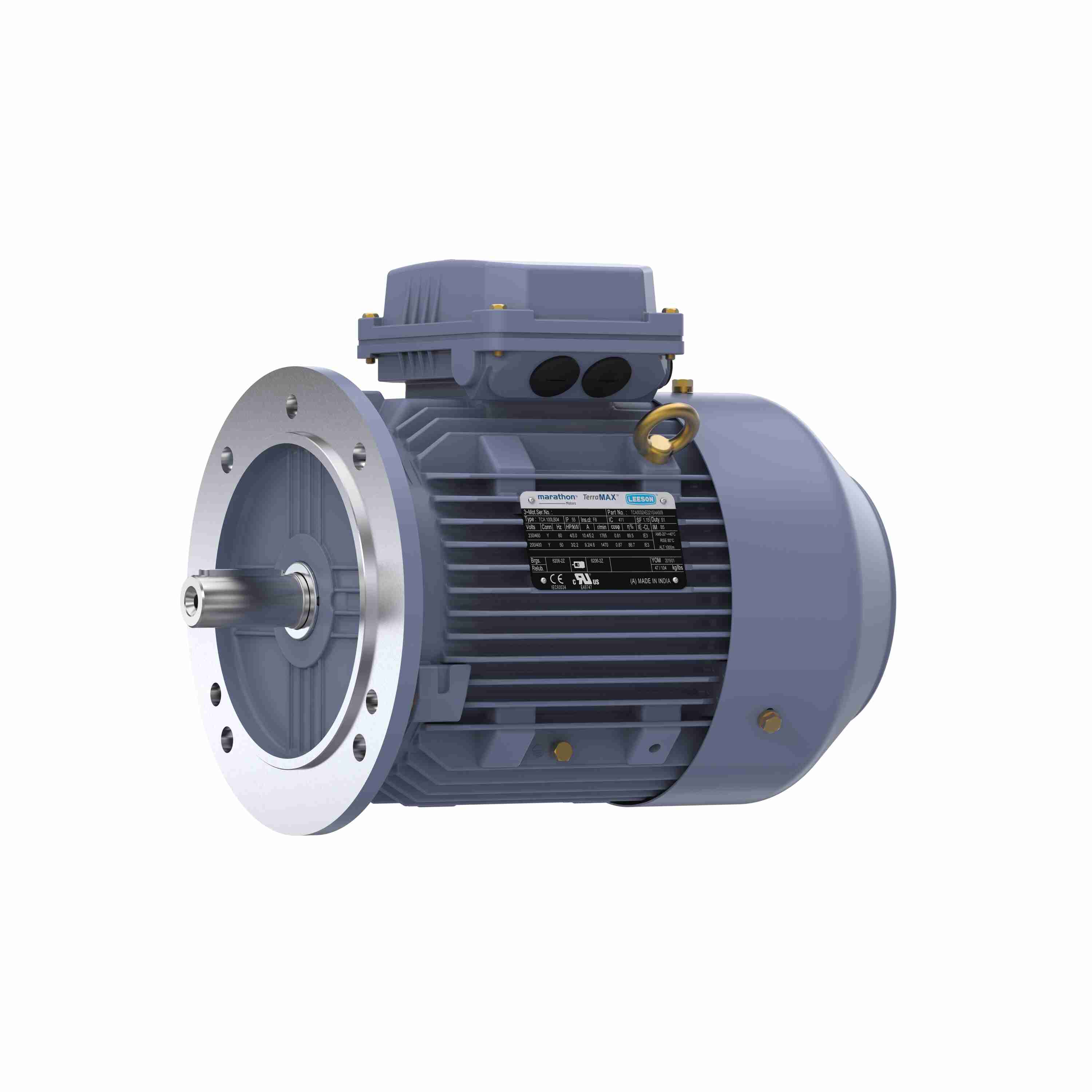 Marathon Electric Cast Iron Motor, 2 & 1.50 HP, 3 Ph, 60 & 50 Hz, 230/460 & 200/400 V, 1200 & 1000 RPM, 100L Frame, TEFC