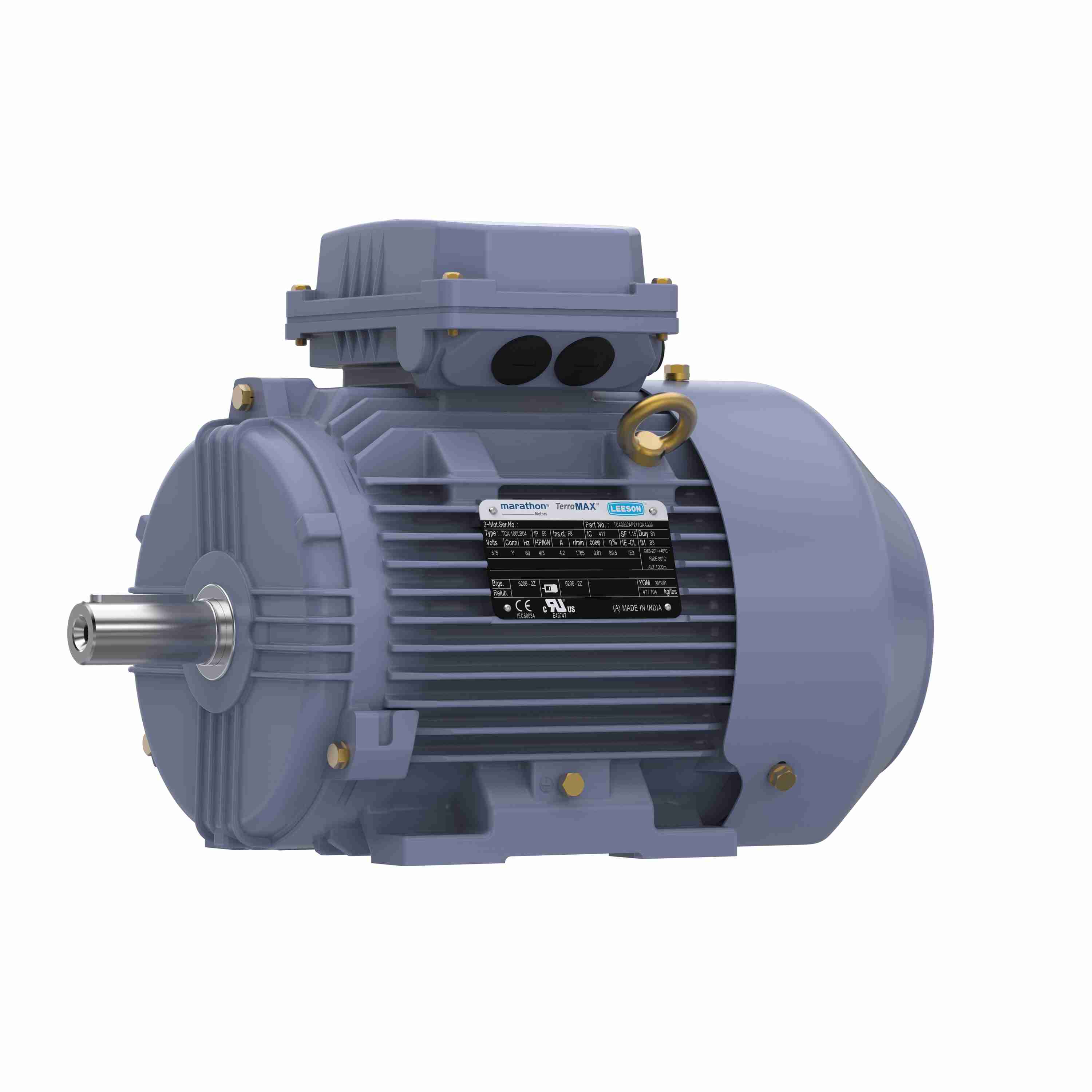 Marathon Electric Cast Iron Motor, 4 HP, 3 Ph, 60 Hz, 575 V, 3600 & 3600 RPM, 100L Frame, TEFC